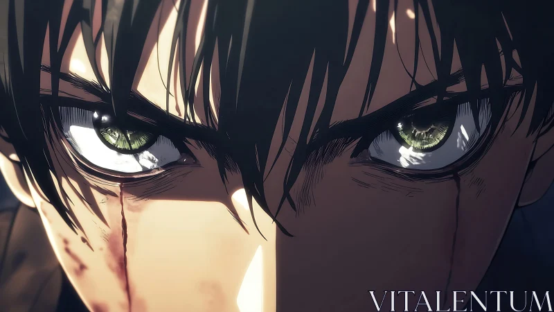 Intense anime gaze with specular-lit irises and blood traces.