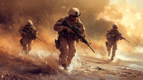 Storm-driven soldiers carve burning light through the sand