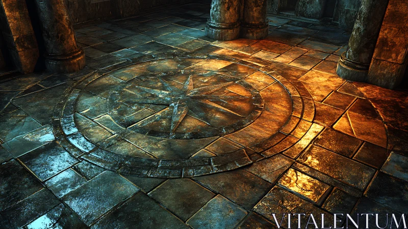 Glowing compass floor circle invites quiet dungeon discovery