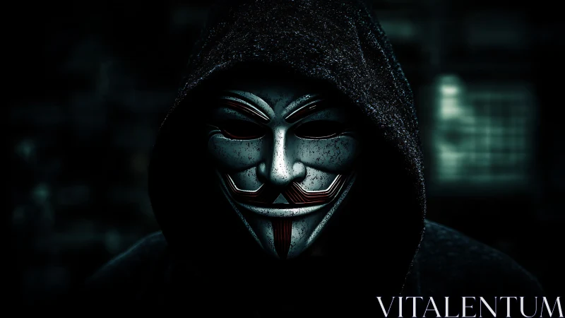 Shadowed hacker in Guy Fawkes mask haunts digital night.