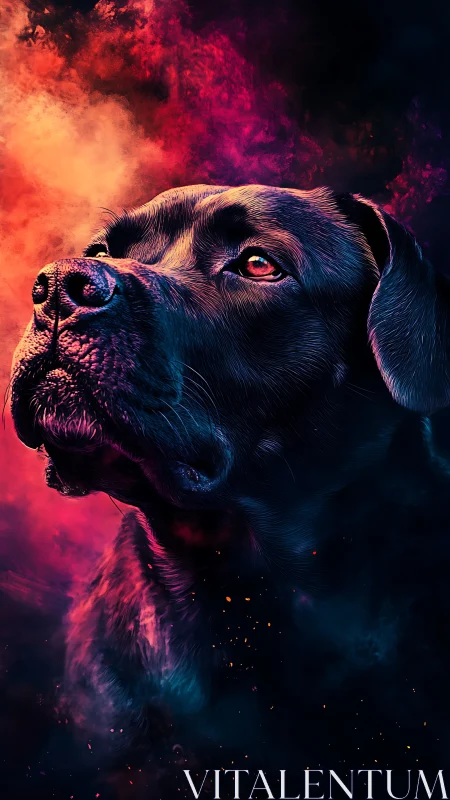 Loyal black dog glowing against vibrant cosmic clouds.