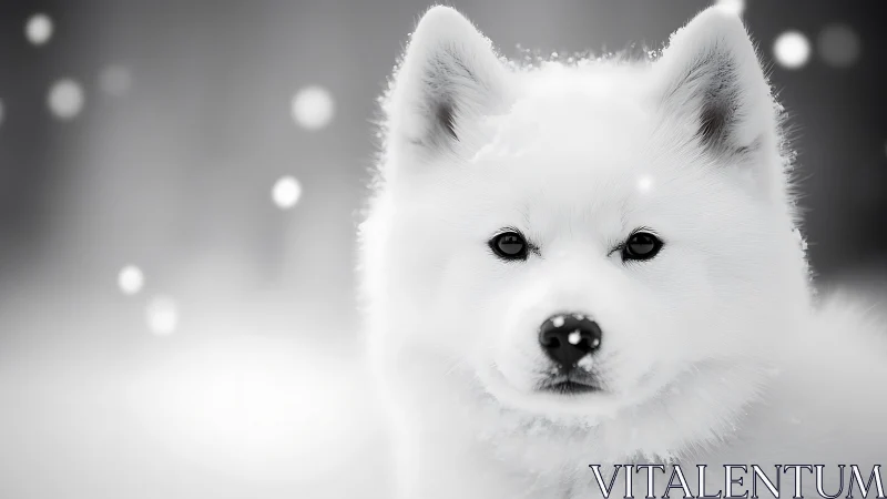 White spitz dog gazes through falling snow in soft focus