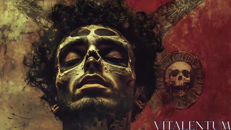 Male portrait with skeletal face paint against textured backdrop.