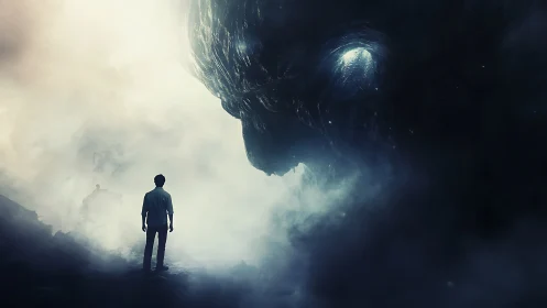 Man stands in fog facing colossal dark creature head on