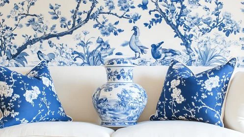 Blue and white chinoiserie vase with matching floral pillows