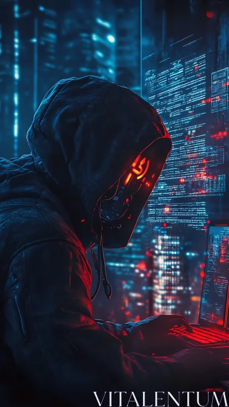 Hooded figure with digital mask operates terminals in neon city