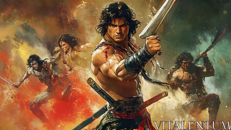 Sword-wielding warrior leads fierce battle in swirling firestorm.