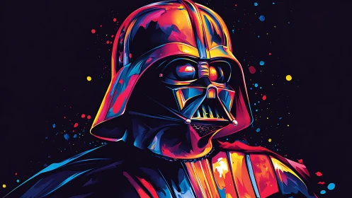 Neon-lit sci-fi armored figure dominates dark abstract space