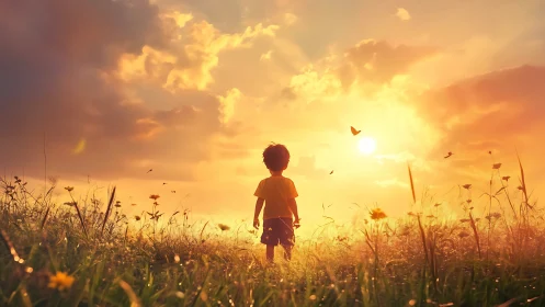 Golden hour wonder surrounds a child in a glowing meadow