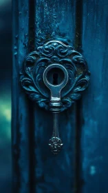 Ornate iron keyhole on weathered teal wooden door panel.