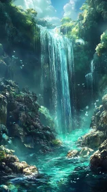 Sky-touched emerald waterfall dreaming in hidden canyon.