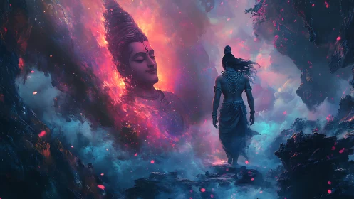 Divine wanderer meets cosmic deity in glowing nebula realm.