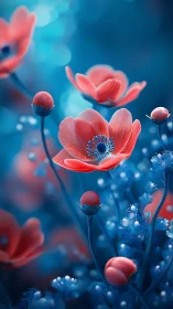 Gentle coral blossoms glow softly against deep blue dream