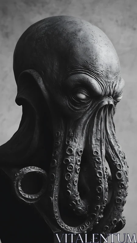 Eldritch cephalopod bust rendered in moody monochrome lighting.