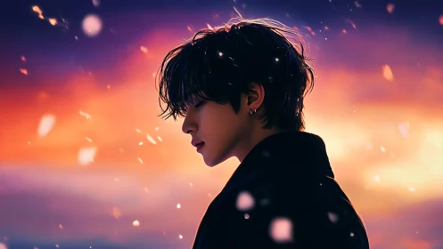 Side-lit digital portrait of youth amid luminous dusk particulates.