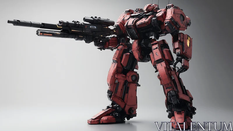 Heavy red combat mech aims railgun in stark studio light