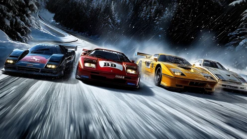 Four racing supercars sliding fast on a snowy forest road.