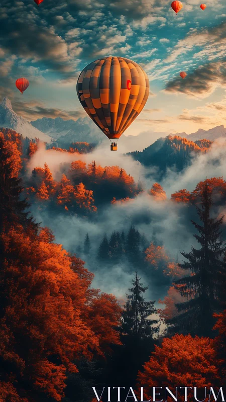 Autumn hot air balloon over foggy conifer valley at sunrise