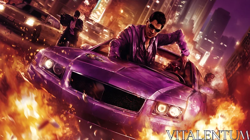 Purple muscle car crash through neon city firestorm.