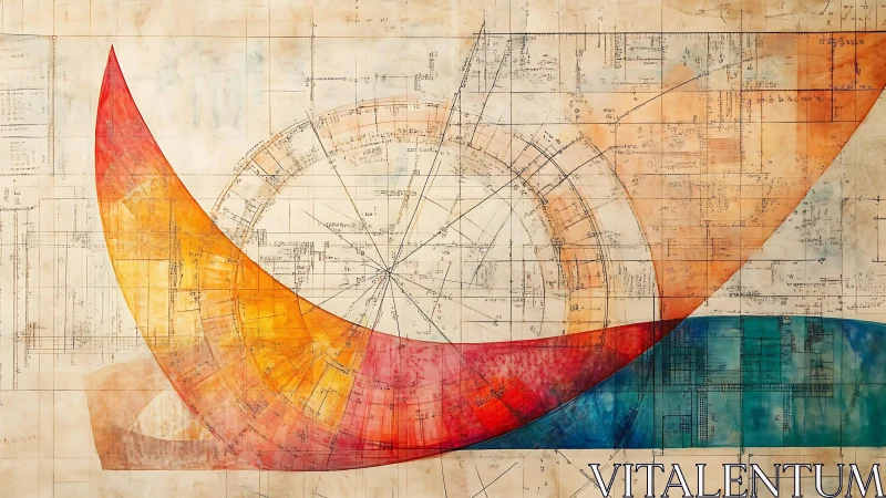 Abstract geometric art with colorful curves over technical blueprints.