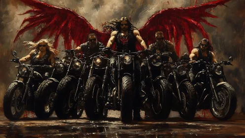 Angel-winged biker gang charges forward through crimson storm