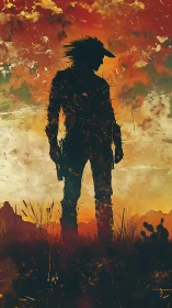 Lone gunslinger silhouette against burning desert sky.