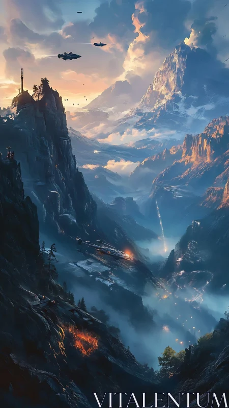 Futuristic starships descend into a dramatic mountain valley.