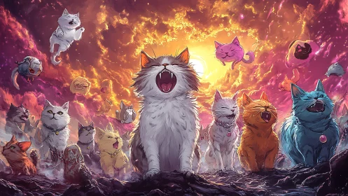 Apocalyptic Feline Assembly: Digital Art Depicting Cats in Cosmic Fire.