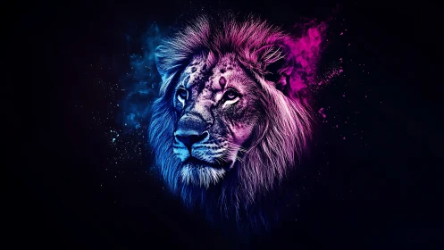 Bichromatic neon lion portrait with asymmetric particle dispersion.