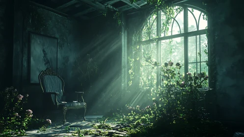 Sunlit abandoned room shows overgrown vines reclaiming interior
