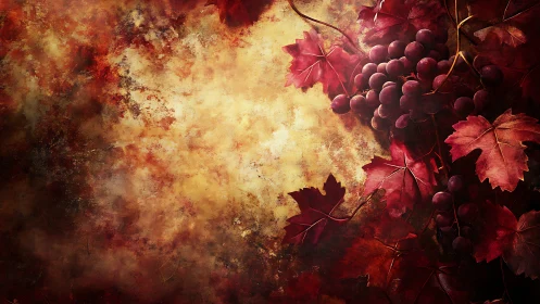 Red grape cluster with autumn leaves on textured backdrop.