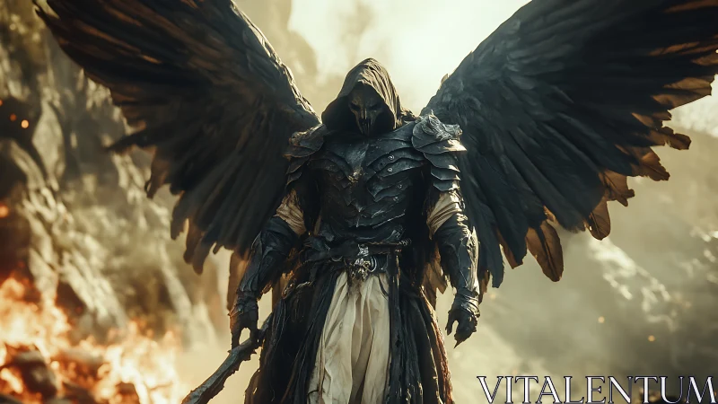 Dark winged guardian strides through a storm of embers.