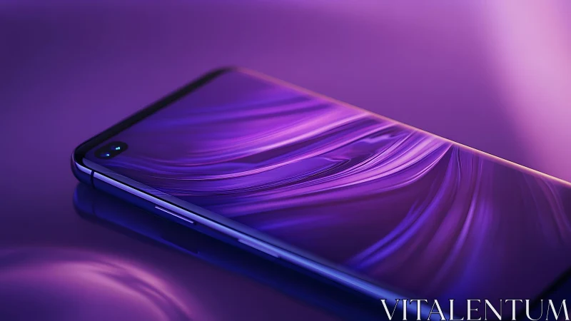 Sleek Modern Smartphone on Glossy Surface, Futuristic Purple Lighting.