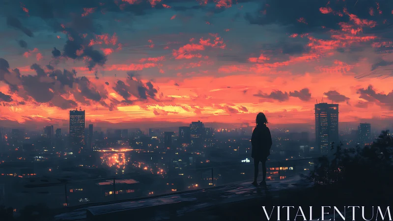 Digital painting of lone figure above neon-lit sunset cityscape.