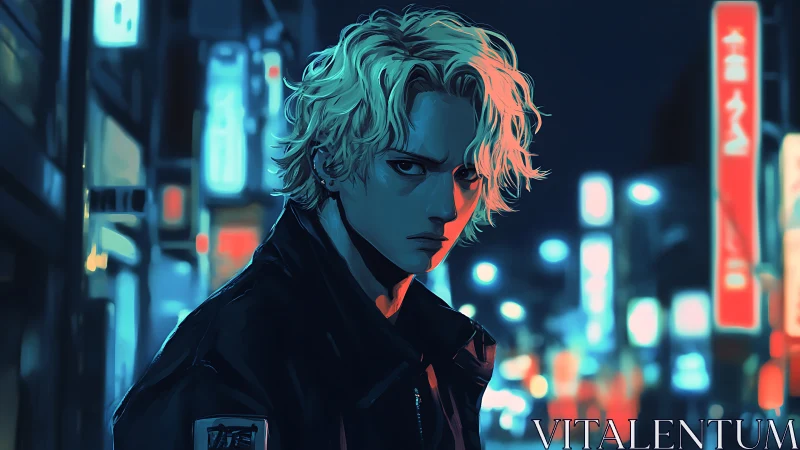 Blond street rebel under neon city lights at midnight.