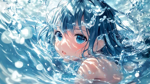 Anime girl partially submerged in dynamic blue water scene.