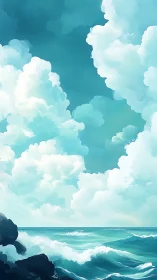 Coastal seascape with towering cyan clouds and crashing surf.