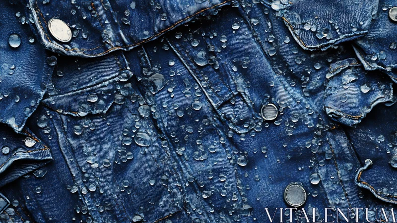 Wet denim jacket with water droplets and stitching detail.