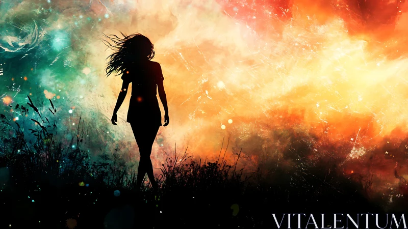 Silhouette of a standing figure divides contrasted color fields