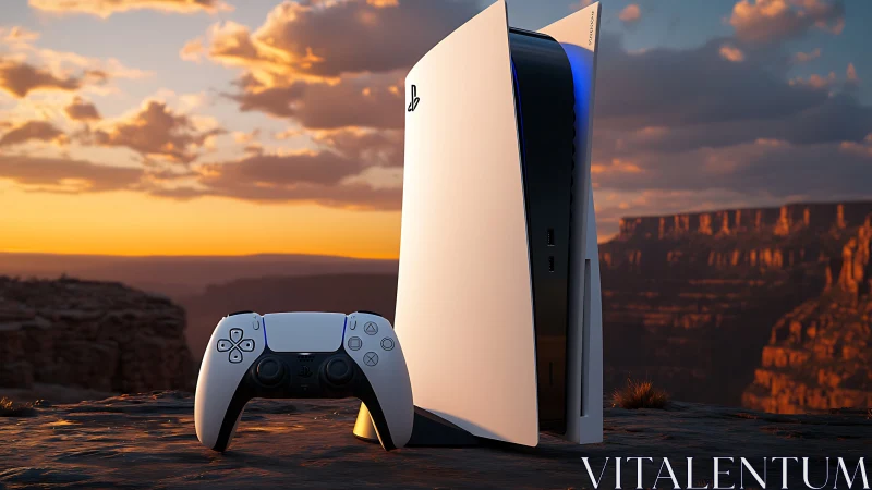 PlayStation 5 console and controller on rocky desert ledge.