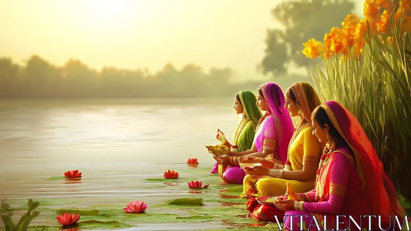 Women in Traditional Sarees Performing Ritual by Riverside at Sunrise.