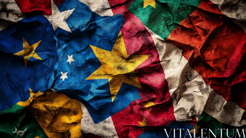 Textured composite of overlapping colorful star flags.