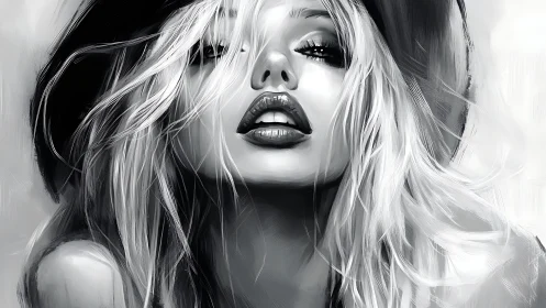 Monochrome digital portrait of woman with hat and tousled hair