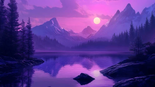 Purple-toned alpine lake under full sun and distant peaks.