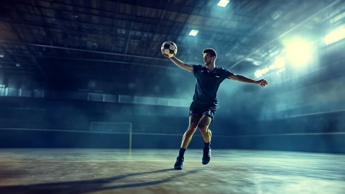 Indoor futsal athlete captured mid-leap under dramatic spotlights
