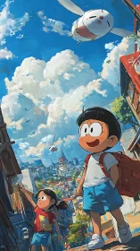 Anime children explore sunny city under flying robot craft.