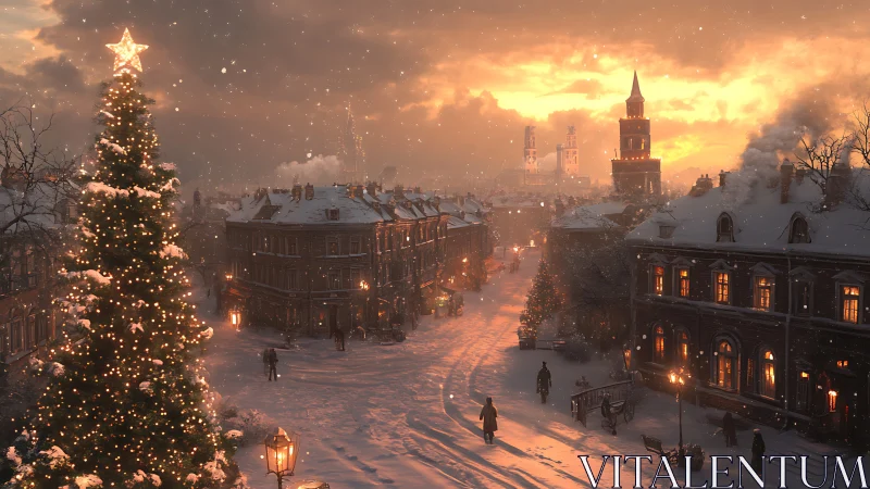 Golden winter street glows beneath a towering festive tree