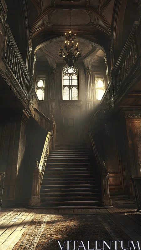 Grand staircase in decayed manor rendered with cinematic lighting