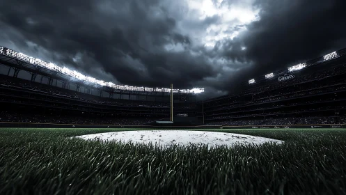 Storm clouds gather over a dramatic baseball stadium field