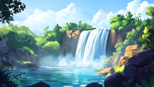 Digital landscape of a bright waterfall and rocky pool.